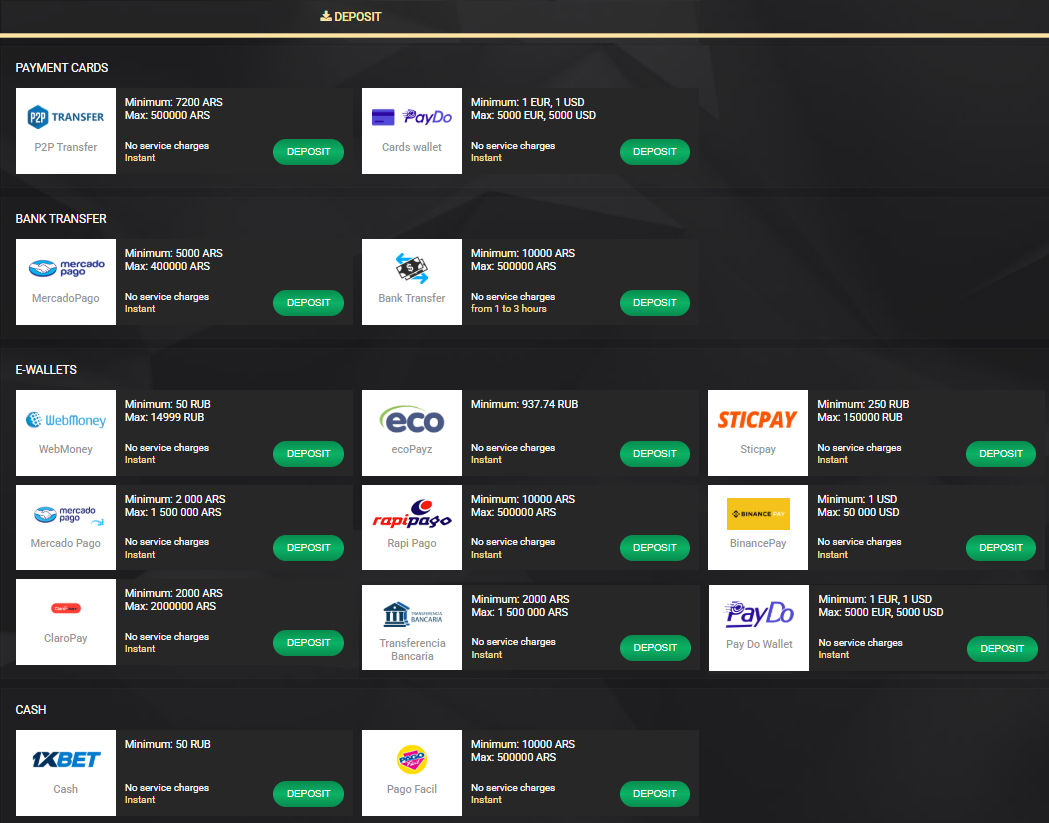 Resumen de métodos de pago locales en 1xSlots